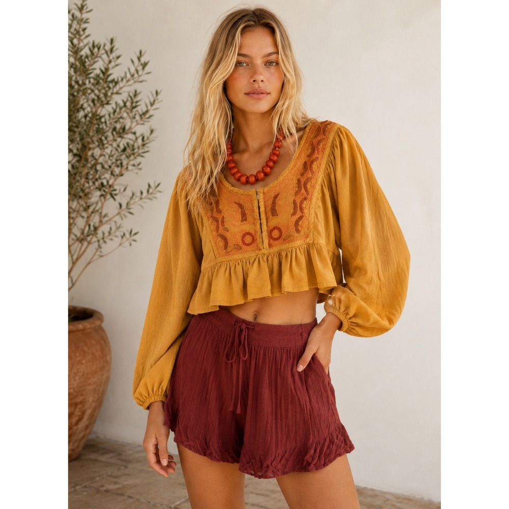Free People Iggie Embroidered Crop Top‎ Mustard Boho Balloon Sleeve XS